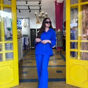 Ensemble bleu roi en lin