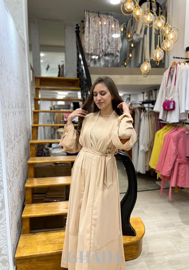 Abaya kimono avec sfifa traditionnelle en beige – Image 2