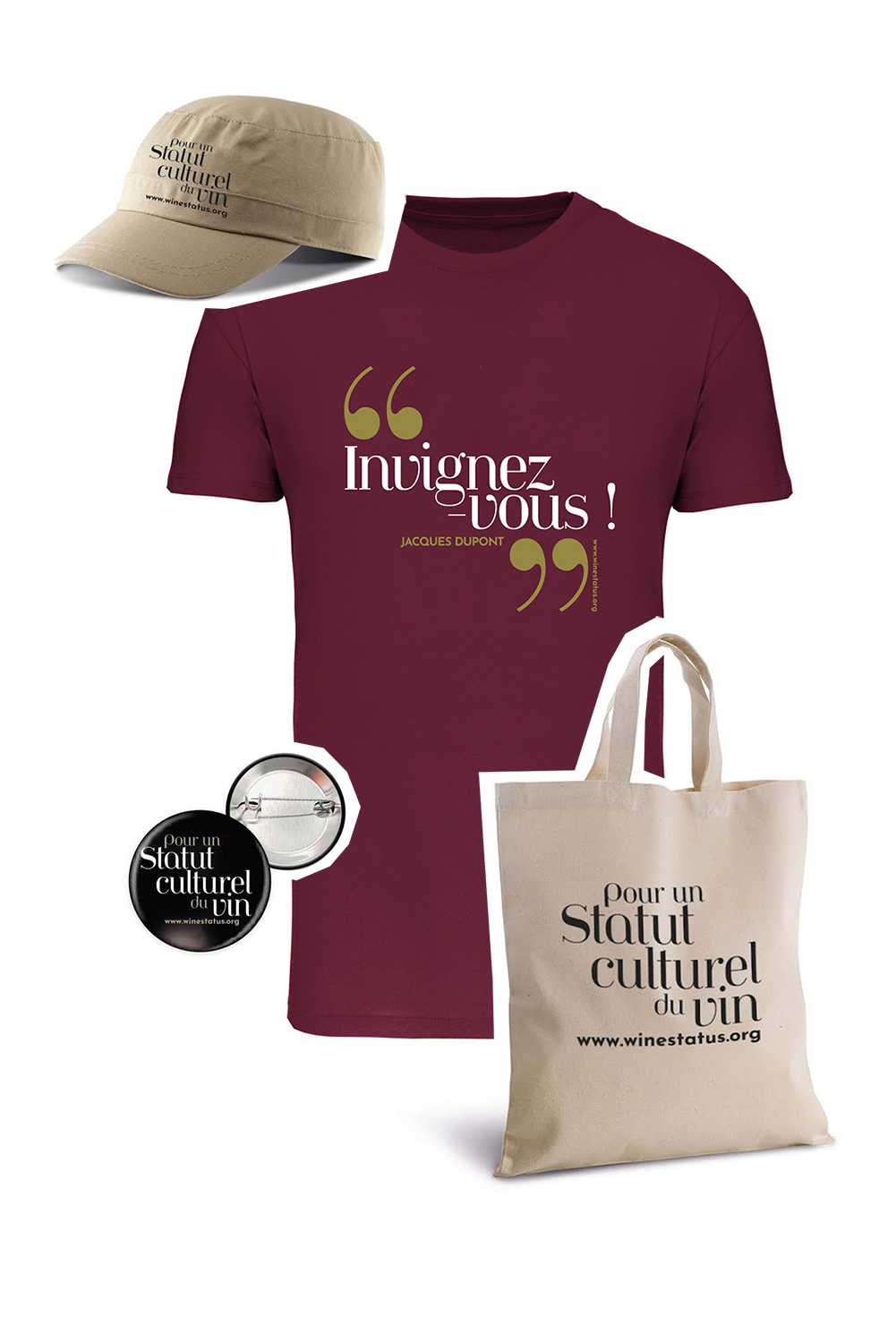 Pack 4 produits (Tot bag, t-shirt homme, casquette & badge)